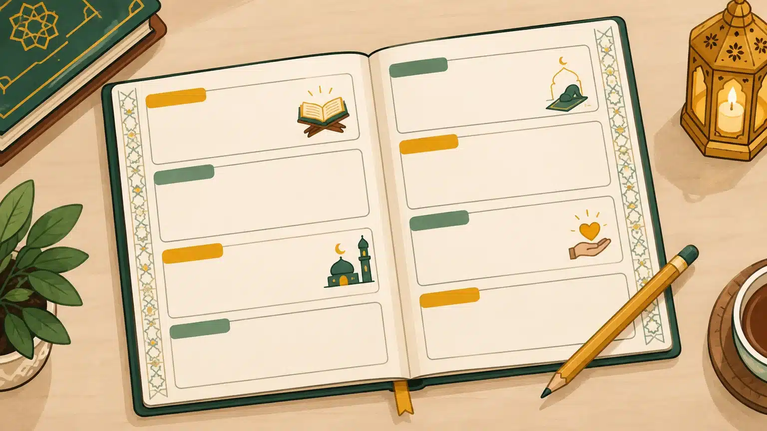 Calendrier illustré avec des cases simples pour planifier le Ramadan