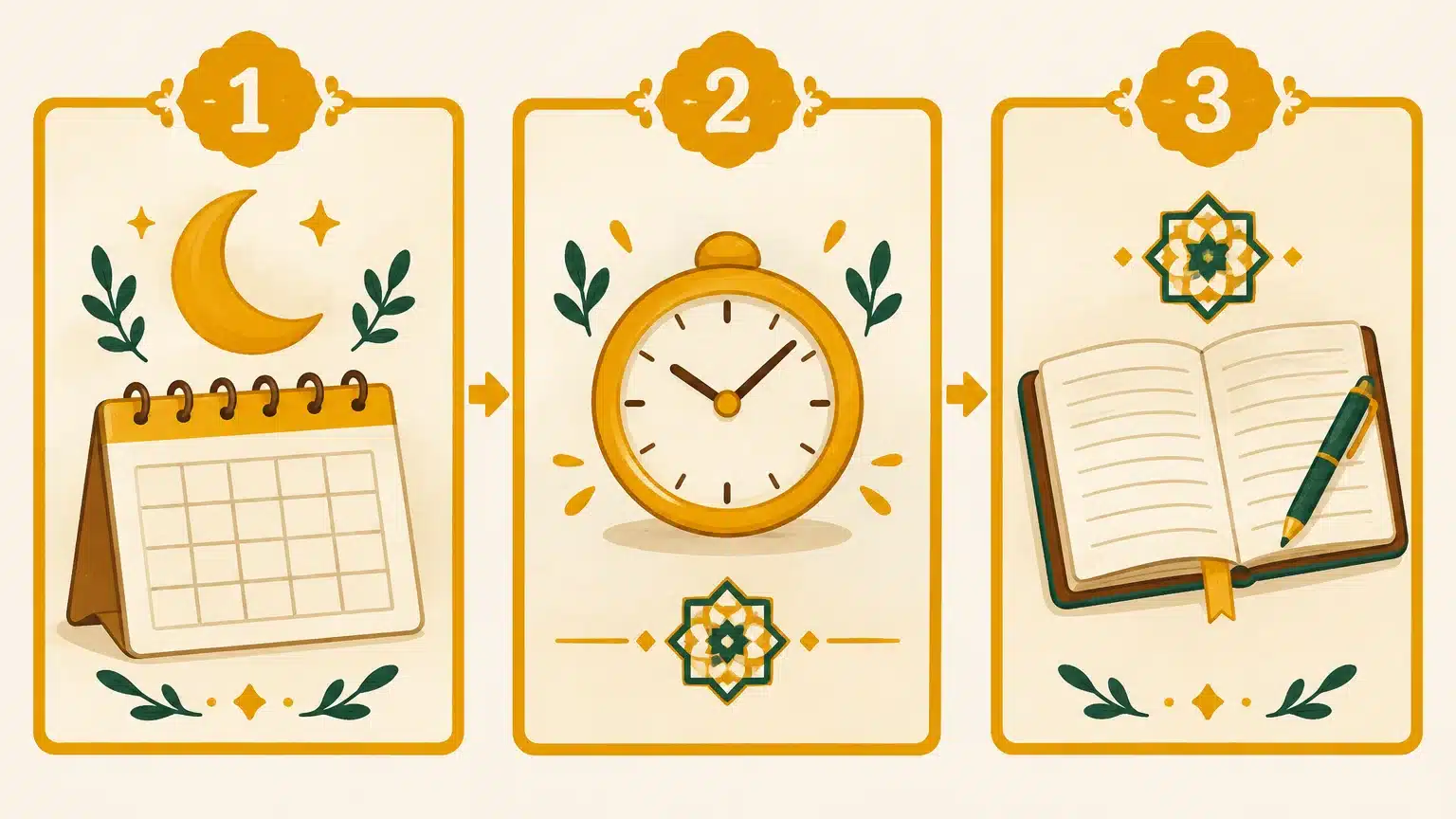 Trois étapes illustrées pour vérifier les dates et remplir un calendrier du Ramadan