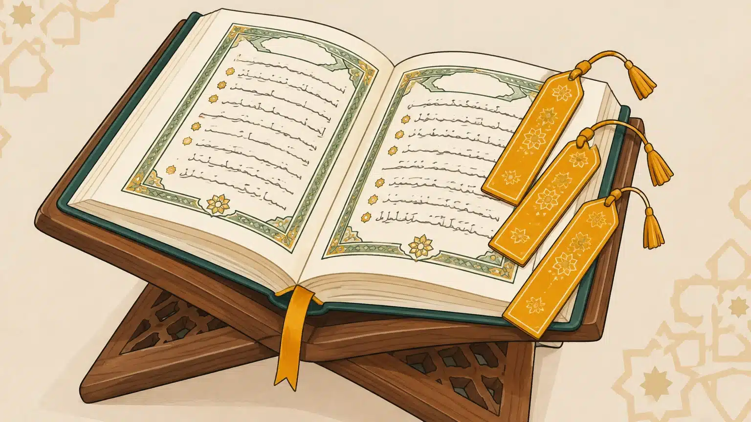 Un mushaf ouvert et des marque-pages illustrent le découpage d’Al-Kahf en portions