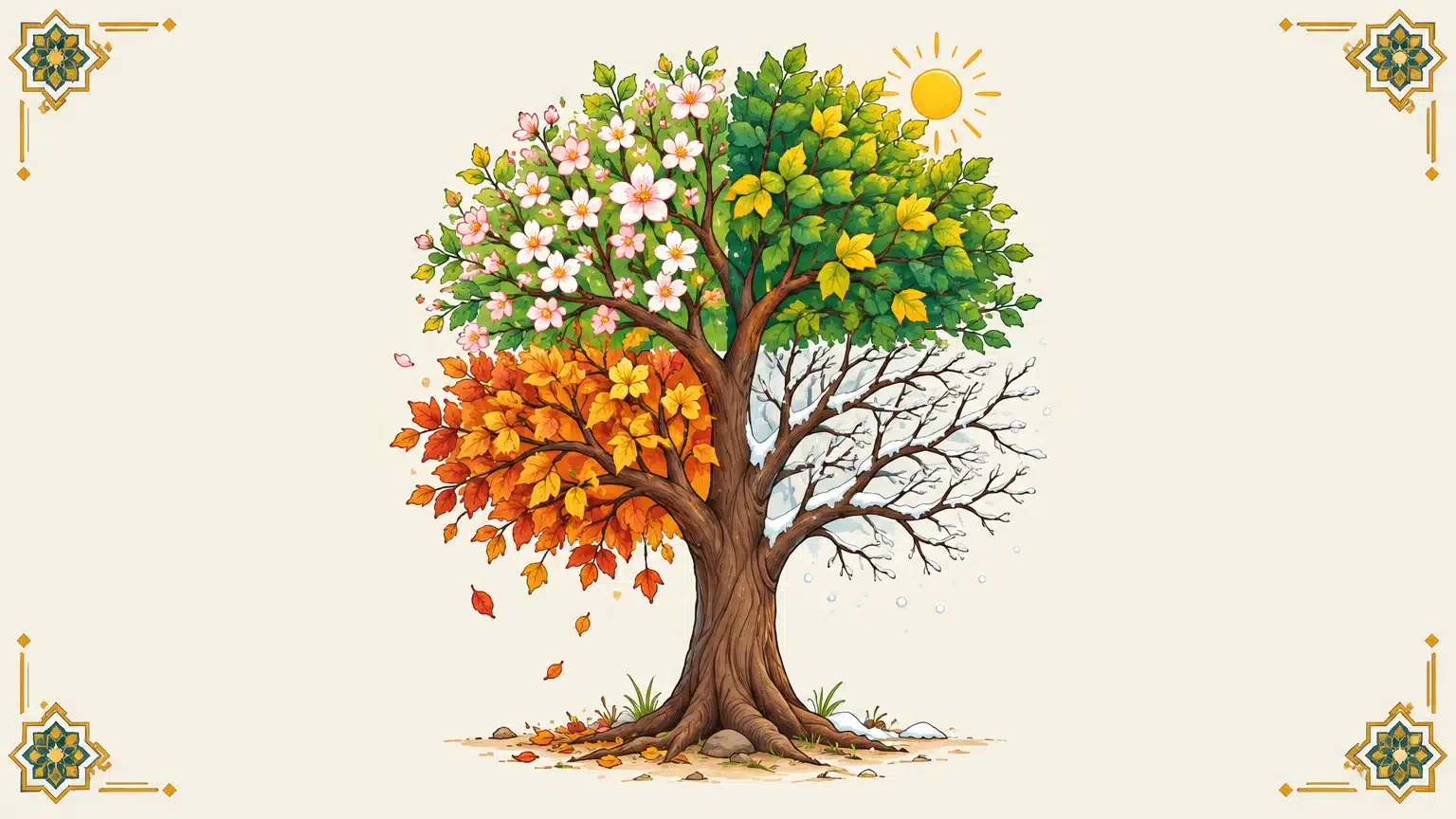 Un arbre illustré dont les quatre parties représentent les saisons