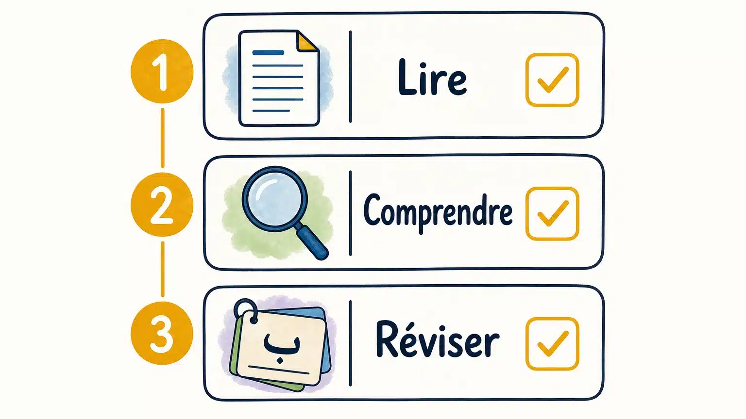 Trois étapes illustrées pour lire, comprendre et réviser le vocabulaire coranique